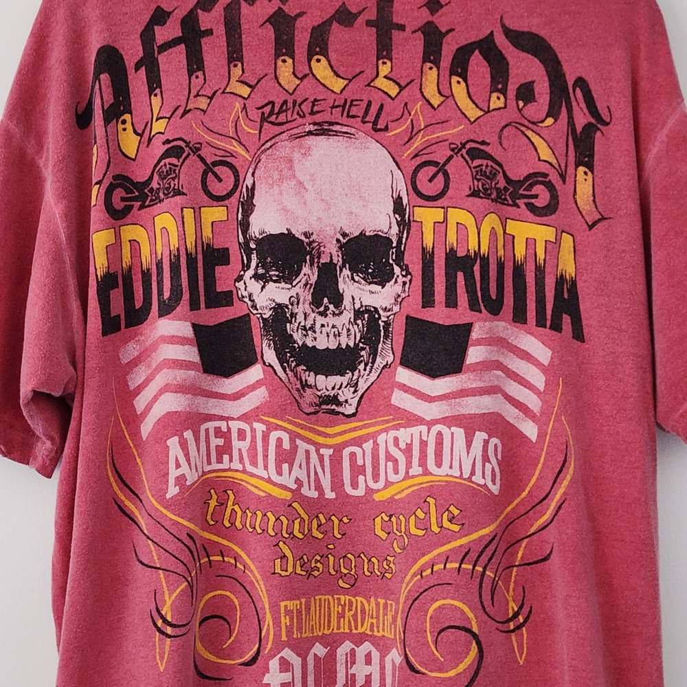 Affliction Red Eddie Trotta Y2K Skull Thunder Custom Cycles T-Shirt 2XL XXL‎